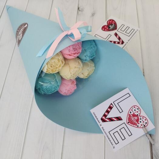 Chocolate bouquet of peonies in designer paper