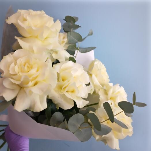 Bouquet of white roses with eucalyptus