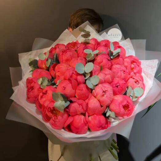 35 пионов Coral Charm с эвкалиптом