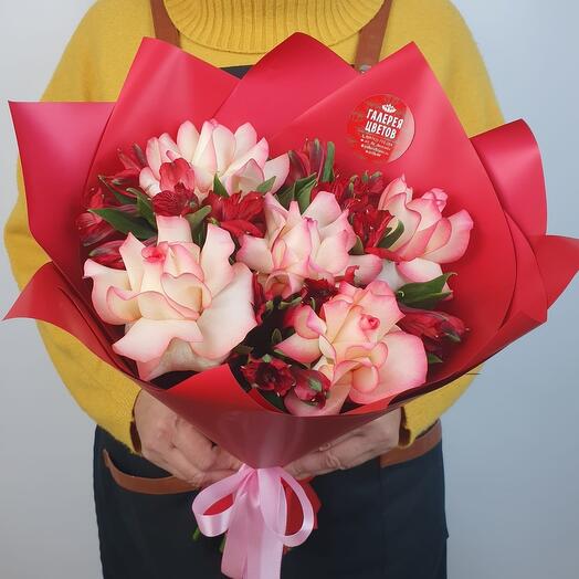 French roses with alstrameria in red