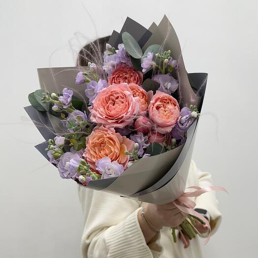 Bouquet of Peony-shaped Rose and shrub Mattiola