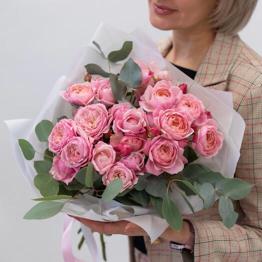 Pink bouquet of peony Roses and eucalyptus
