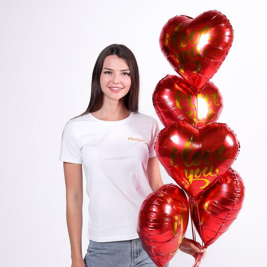 Фонтан из воздушных шаров с гелием красные сердца золотое I Love you 5 шт