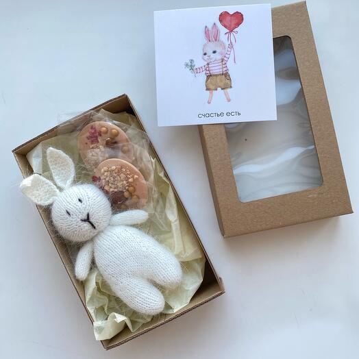Rabbit with a postcard and sweets