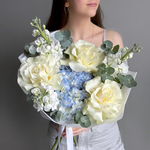 Bouquet of French Mondial rose, blue hydrangea, mattiola and eucalyptus
