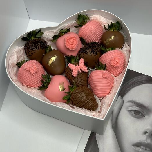 Chocolate-covered strawberries heart with butterflies