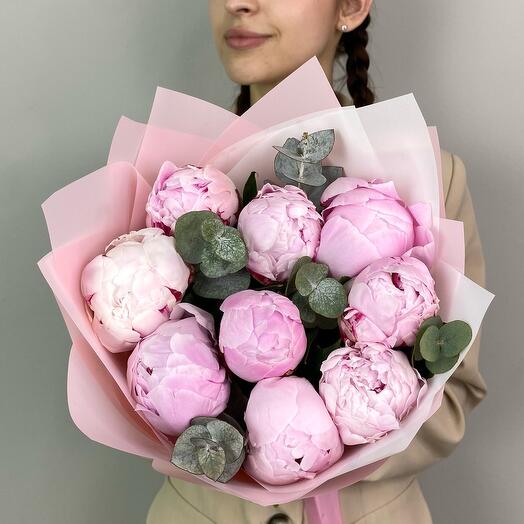 Пионы букет, 9 штук, Сара Бернар, эвкалипт, арт 299 Kimbirly Flowers