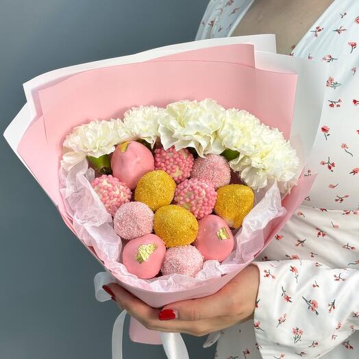 Ramo de fresas cubiertas de chocolate con Dianthus Golden