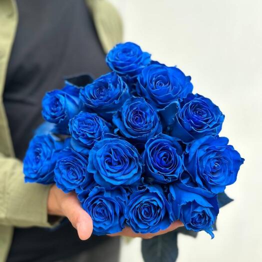 A striking bouquet of 15 blue imported roses from Ecuador
