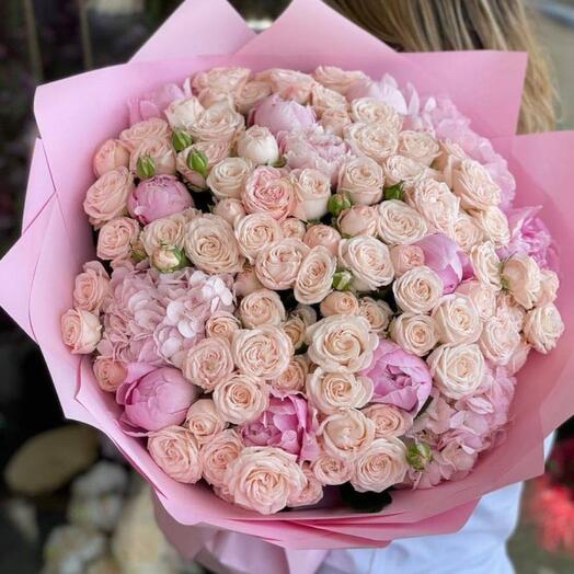 Bouquet of pink peonies, hydrangeas and peony spray roses