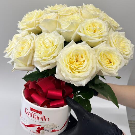 🔥ХИТ🔥КОМБО🔥 Букет из 15 крупных кремовых пионовидных роз Сорт Канделайт: Эквадор Премиум + Коробка конфет Раффаэлло ️🔥🔝