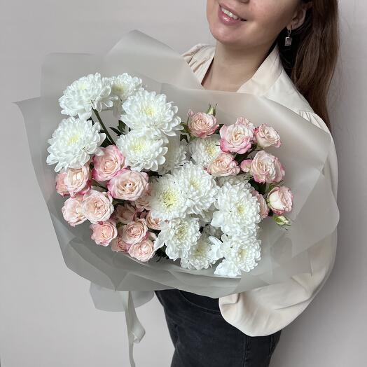 A delicate bouquet featuring bush roses and bush chrysanthemums, size M.