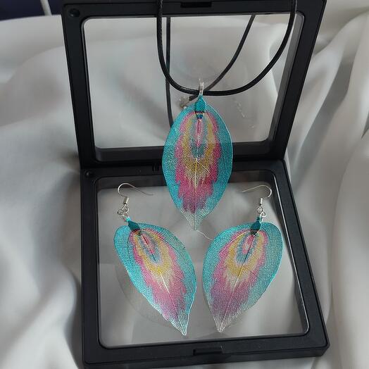 Чокер и серьги в виде листьев "Перо Жар-птицы"