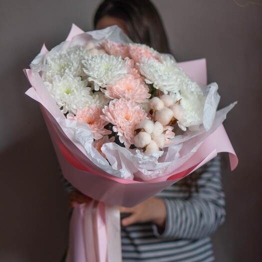 Букет из нежной хризантемы и хлопка🌸