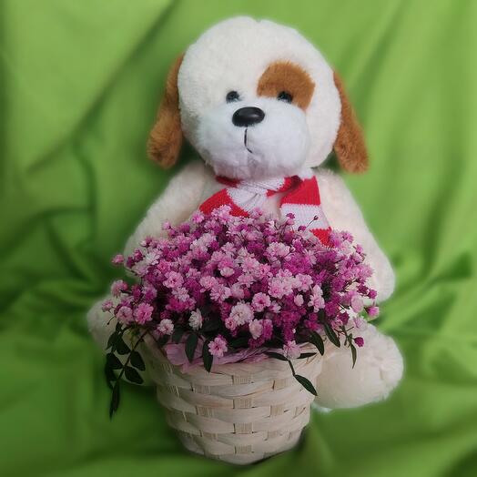 A basket of gentle gypsophila and a Bear in Love (peach)