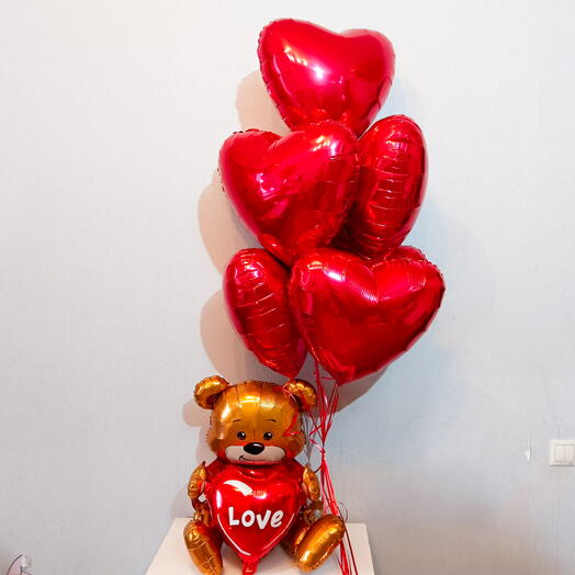 Teddy bear "Love" and 7 red hearts