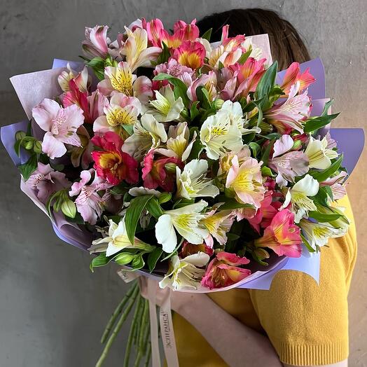 Моно букет из ярких стойких альстромерий микс (15 штук)