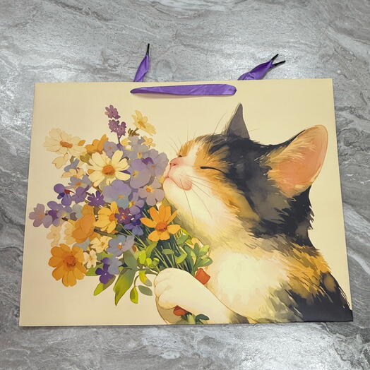 Пакет подарочный- котик с цветами -50/40