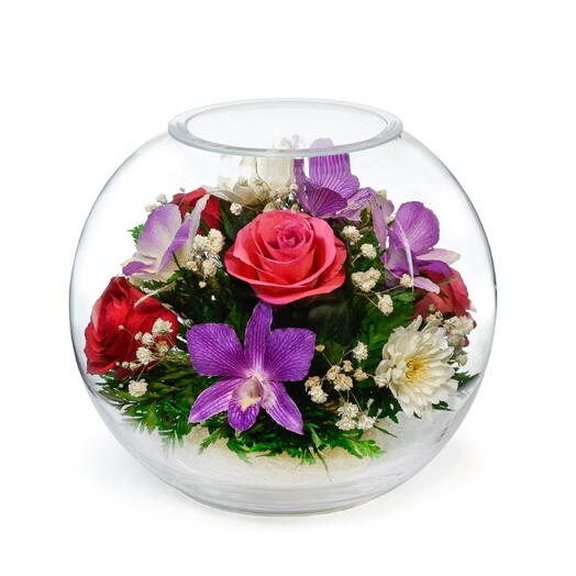 Flowers in glass in vacuum "Bella pink-lilac", roses and orchids