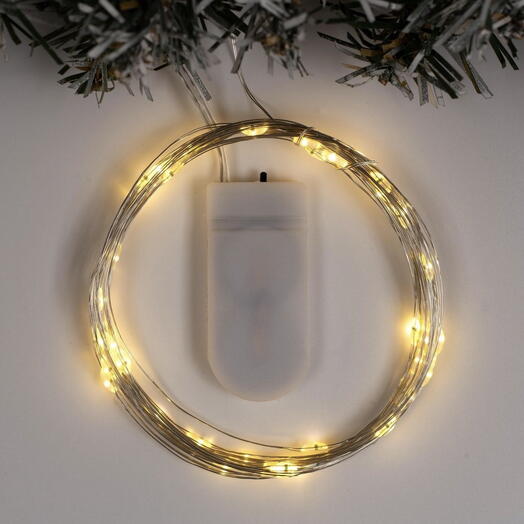 Гирлянда «Нить» 5 м роса, IP20, серебристая нить, 50 LED, батарейки CR2032×2 (в комплекте), свечение тёплое белое