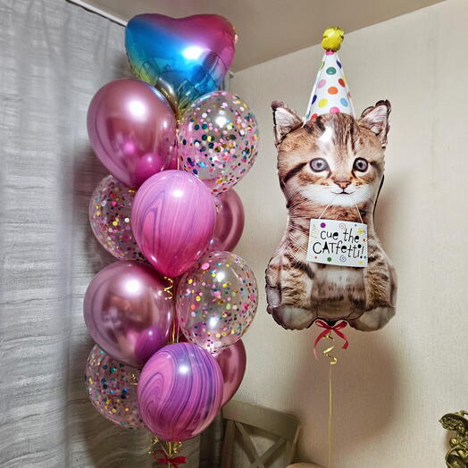 Воздушные шары розовые, мраморные, агаты и котенок, кот,котенок в колпаке-14шаров