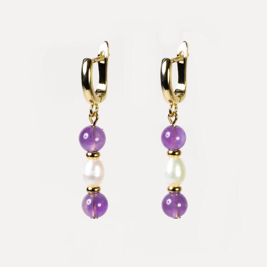 Серьги Гинкго Аметист и Белый жемчуг культивированный 14K (EAR1160)
