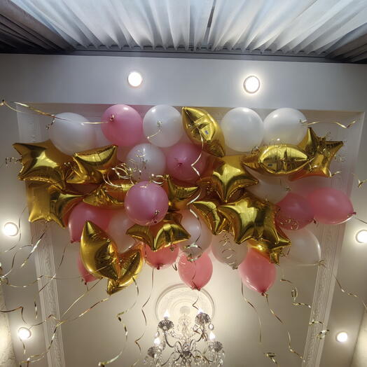 Гелиевые шары под потолок. Бело-розово-золотистые шары шарики