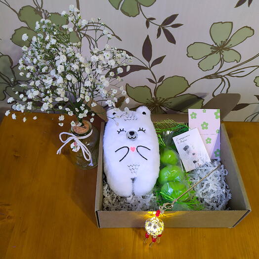 Набор для девушки, подруги "Лаймберри XXL, гипсофила и медведь" со светящейся заколкой