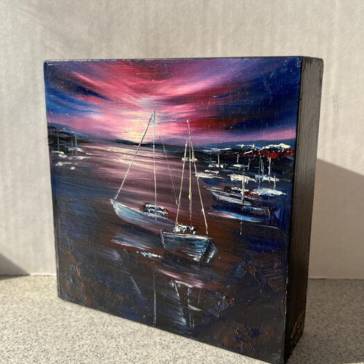 Тёмный закат — мини картина маслом с морским пейзажем, авторская живопись