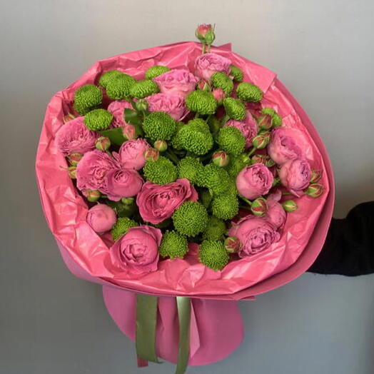 Дуобукет с пион розами и кустовыми хризантемами🌺💚