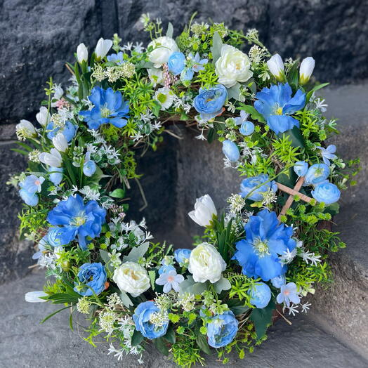 💙Ритуальный Траурный венок на похороны голубой / синий из искусственных цветов премиум