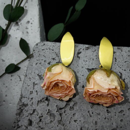 Серьги с настоящей чайной розой