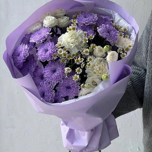💜Сиреневый букет / хризантема, эустома, диантусы, ромашки / Доставка цветов Красноярск