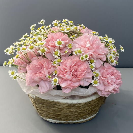 Шикарная летняя композиция из диантусов и ромашки 🌸🌼 в стильной корзинке 🌿