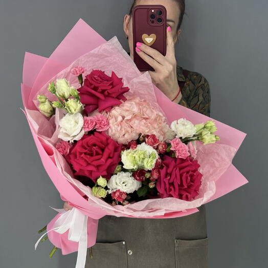 Букет эффектный 🩷💜💖 яркая французская Роза 🥐🌸🥐 белоснежная ЭУСТОМА 🌿