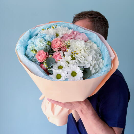 Букет из гортензий с розой и ромашками «Нежный рассвет» 🌸 41239