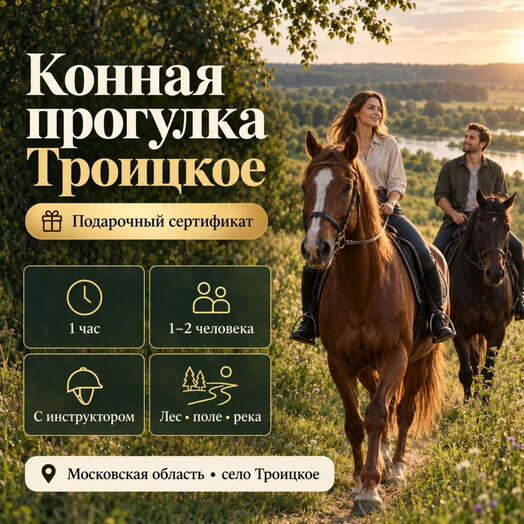 Подарочный сертификат «Конная прогулка Троицкое» (1 час, 1 человек (в группе))