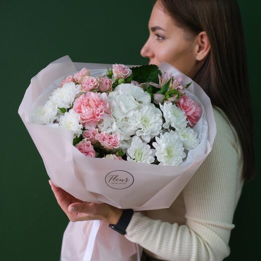 Delicate prefabricated bouquet with hydrangea