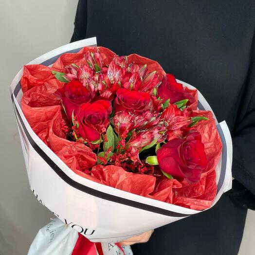 Bouquet of red roses and alstroemeria "About love"
