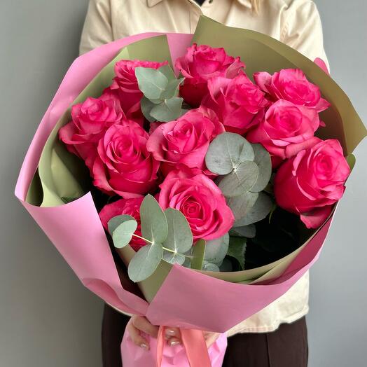 Pink roses with eucalyptus