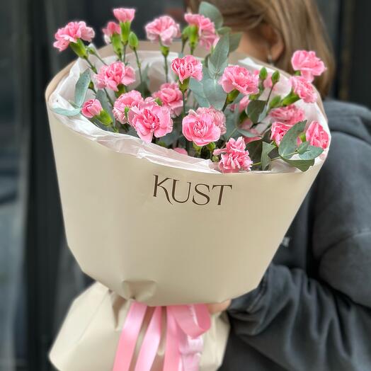 Bouquet of flowers from bush dianthus and eucalyptus