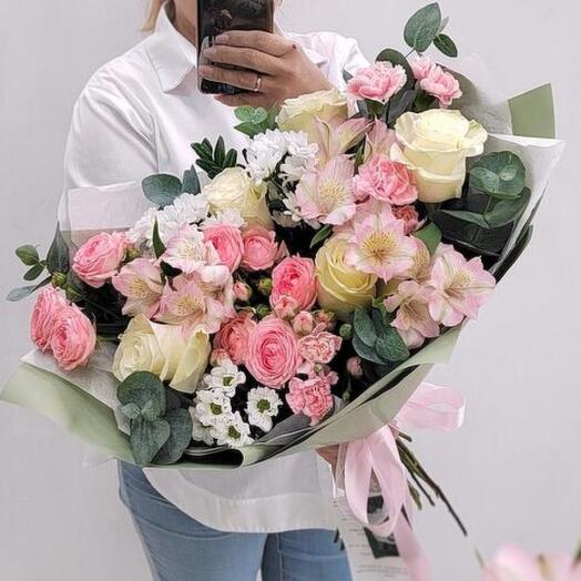 🌸Нежный букет/белые розы/эустома/хризантема кустовая/кустовые пионовидные розы/Цветы Уфа/Доставка Уфа
