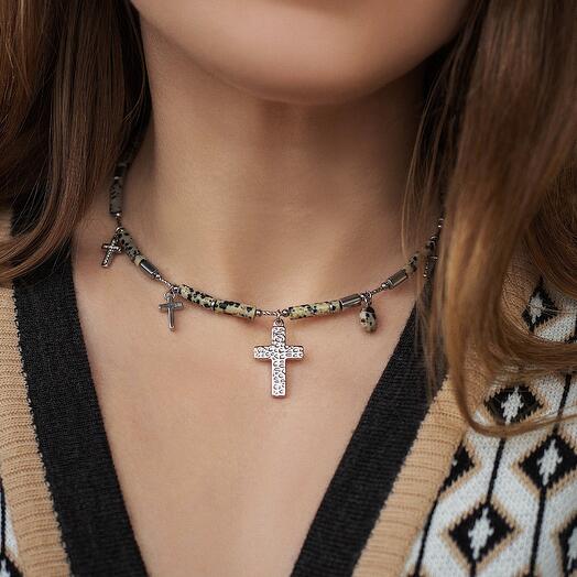 Dalmatian jasper choker with crosses on a rigid base