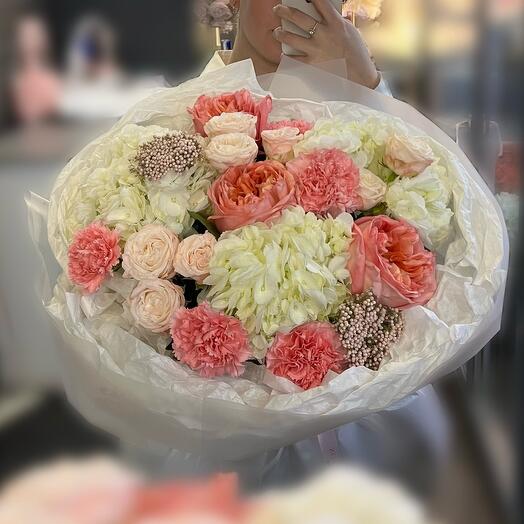 Bouquet with ozothamnus, peony rose and hydrangea