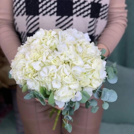 Wedding bouquet of white hydrangea and eucalyptus