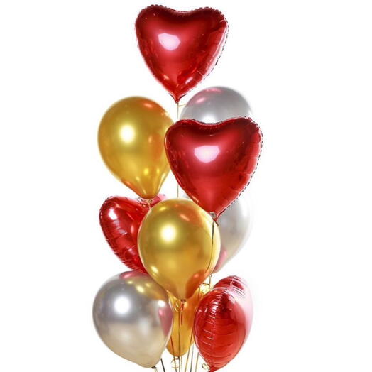 Фонтан воздушных Шаров 10 штук золото, серебро, сердце. Set of helium balloons 10 pcs gold, silver, heart
