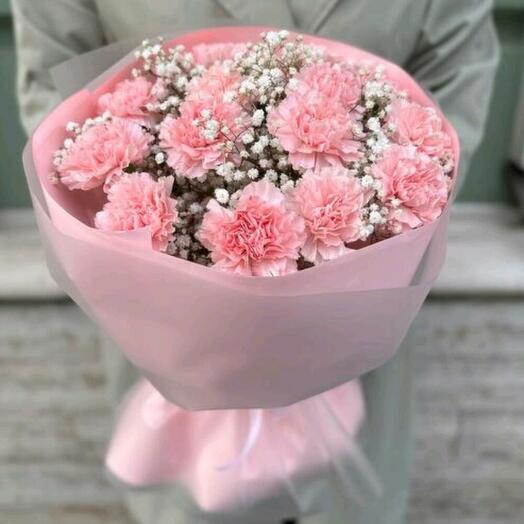 Bouquet of pink dianthus and gypsophila