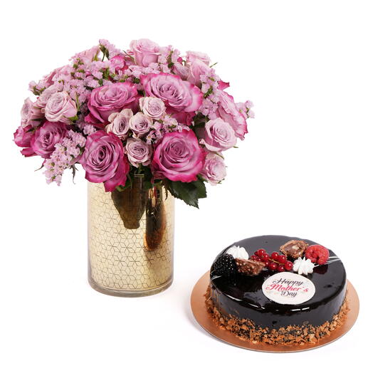 Roses Charm in Golden Vase With Hazelnut Cake