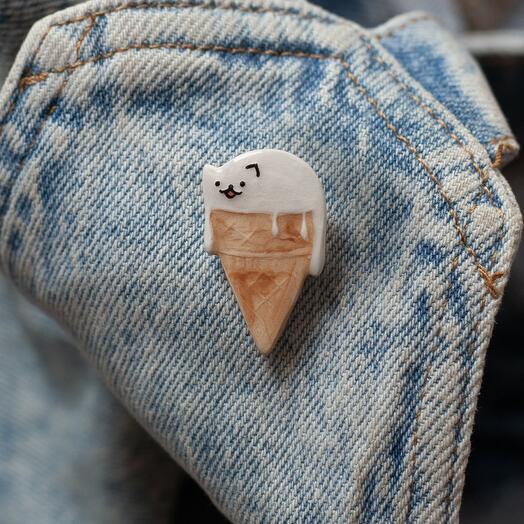 Handmade brooch Cat Ice Cream