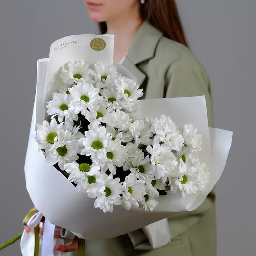 Букет из 5 ромашковидных хризантем в упаковке